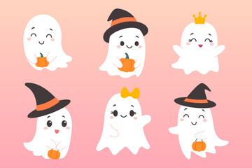 Cute Cartoon Ghosts with Pumpkins and Halloween Accessories on Pink Background for Festive Holiday Decorations and Seasonal Greeting Cards in a Playful and Spooky Style
