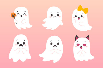 Cute Cartoon Ghost Characters Showing Emotions on a Pastel Gradient Background for Halloween and Autumn Designs, Including Happy, Scared, and Surprised Faces in a Fun and Playful Style