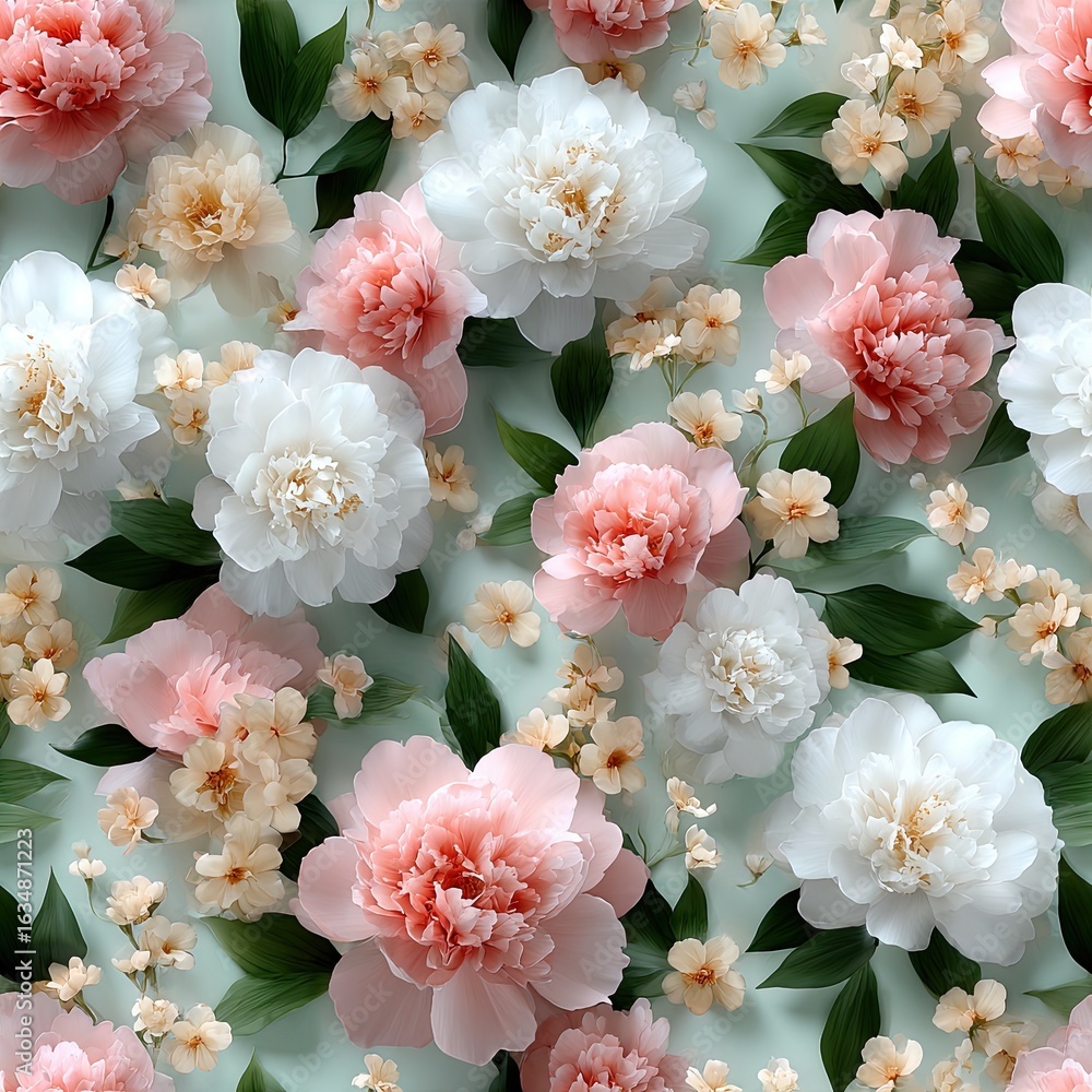 Poster a vibrant display of peonies and smaller floral elements in shades of pink and white, creating an in