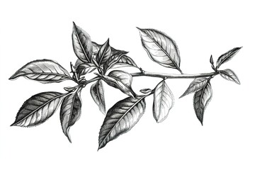 A monochrome artistic rendering of Darjeeling tea leaves, emphasizing the fine details of their curled, twisted form, isolated on a white background