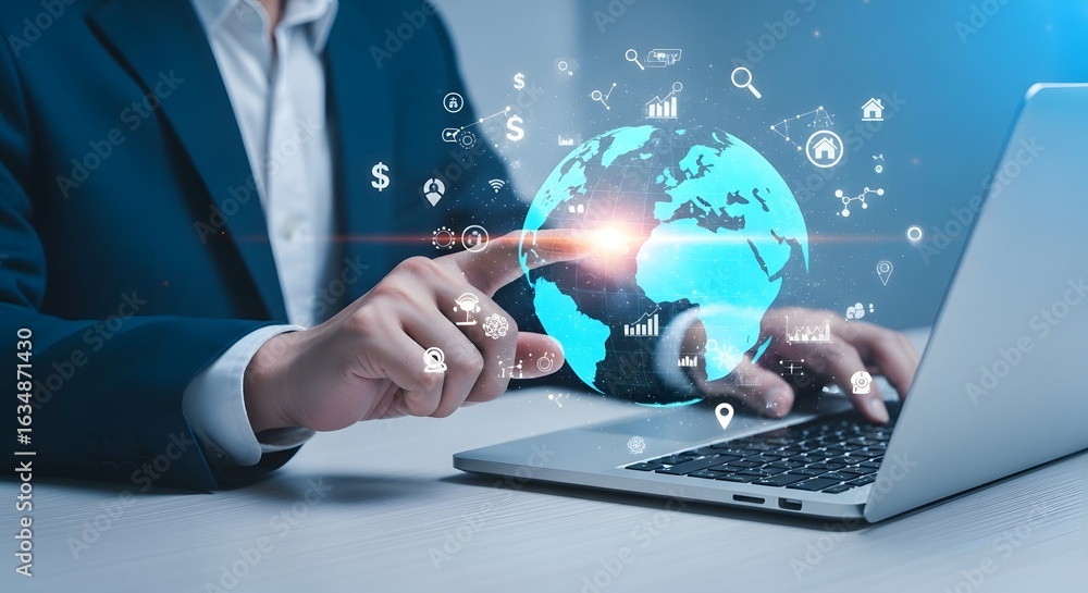 Poster global business technology concept businessman using laptop with world map and icons data