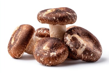 A cluster of four dark brown shiitake mushrooms, one standing atop the others, isolated on a white background.  Their caps display a textured surface with variations in shade