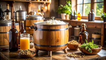 Wooden barrel with fermenting beer surrounded by ingredients and bottles in a rustic kitchen setting