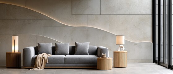 A stylish living room showcases a soft gray couch, natural wood accents, and warm lighting, creating a cozy atmosphere