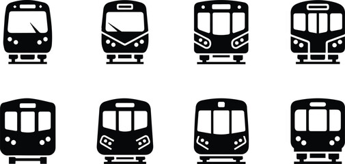  set of various train front views in vector format, ideal for transportation, travel, and urban mobility designs isolated on white background