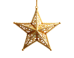 Luxury christmas golden star hanging element. isolated on a transparent background.