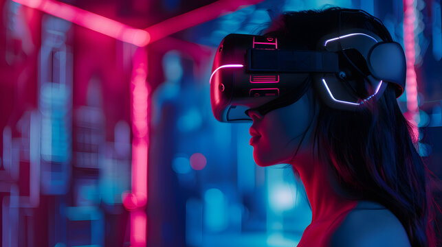 a young woman wearing a sleek VR headset, surrounded by glowing holograms and futuristic UI elements, dark neon-lit room, perfect for tech or gaming ads, 16:9 cinematic composition