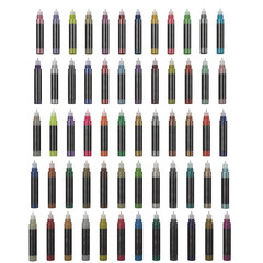 High-resolution mockup of 60 colorful 3D fabric paint bottles with black labels, arranged in a clean white background. Perfect for product presentations, digital design resources, or craft supply prom