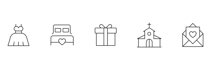 Wedding dress, bridal bed, romantic gift, church ceremony, love envelope, minimal line art, celebration icon vector illustration