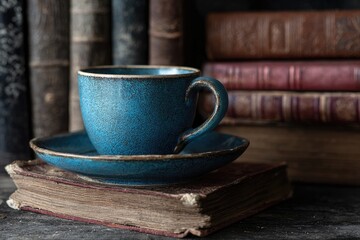 A teal ceramic coffee cup and saucer rest atop aged books,  backed by a collection of antique, leather-bound volumes in a dimly lit setting
