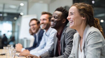 diverse group of young businesspeople laughing while sitting together in a row at an office desk during a meeting no logos no brands ar 169