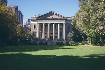 A stately neo-colonial building with tall Corinthian columns, large sash windows, and a vast green front yard 