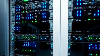 Server rack animation with blinking lights zoom. Data center cabinet with digital information processing and computing. - Powered by Adobe