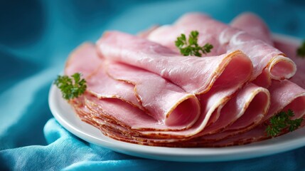 Cultured ham slices served on a white plate with bioreactor schematic projection