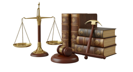 Scales of justice with gavel and stack of books png, transparent, white background, ai generated, 