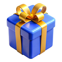 3D Blue gift box with gold ribbon and bow isolated on transparent background