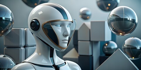 Futuristic ai robot with geometric shapes and chrome spheres for technology innovation concept 3d render