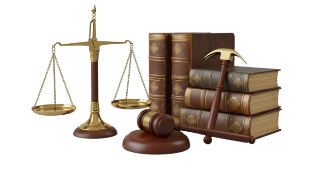 Scales of justice with gavel and stack of books png, transparent, white background, ai generated, 