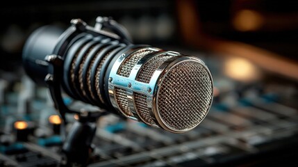 Close-up view of a condenser microphone capsule highlighting silver mesh and soft sunlight