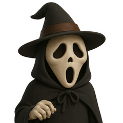 Ghostface wearing witch hat, screaming with menacing expression, creating chilling halloween mood against transparent backdrop for horror themed designs