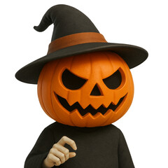 Halloween pumpkin character wearing witch hat, snapping fingers against transparent backdrop, rendering bringing playful seasonal spirit to design projects