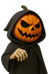 3d rendering of a spooky halloween character with a pumpkin head and a dark cloak, reaching out a bony hand against a transparent background, perfect for halloween projects