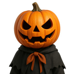 3d rendering of menacing jack o' lantern character donning dark cloak, vibrant orange accent, floating against transparent backdrop for haunting halloween graphic design