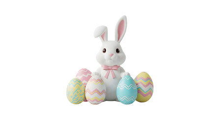 White bunny and easter eggs on a black background png, transparent, white background, ai generated, 