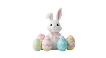 White bunny and easter eggs on a black background png, transparent, white background, ai generated,