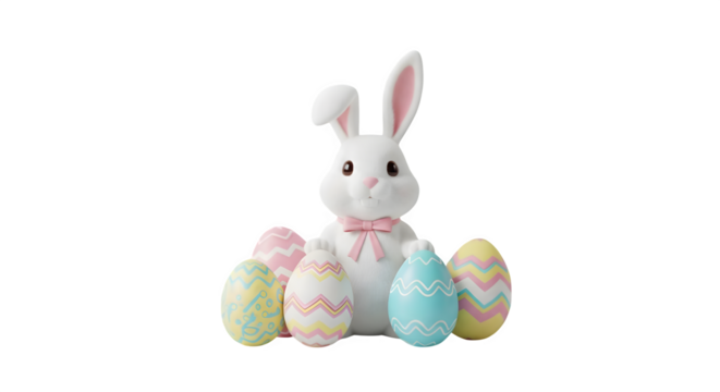 White bunny and easter eggs on a black background png, transparent, white background, ai generated, 