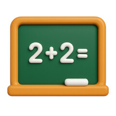 Green chalkboard featuring orange frame, displaying simple math equation 2 plus 2 , white chalk lying nearby, against transparent background