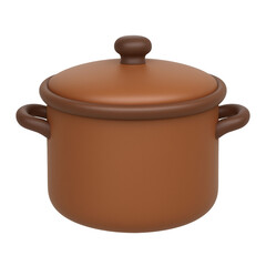 Ceramic brown cooking pot with lid and ergonomic handles, resting on pristine white surface, highlighting kitchenware design for culinary presentations