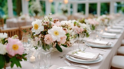 Tables adorned with lush flowers create an inviting atmosphere for guests enjoying a delightful event in a bright setting