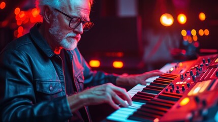Elderly man playing old-school synth keyboard in neon-lit studio