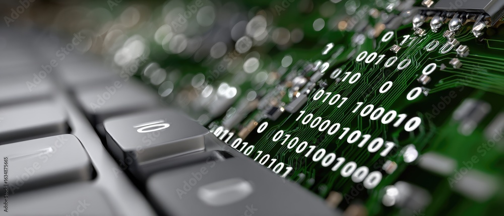 Poster a metallic chain rests on a green digital code surface, highlighting the link between physical and v