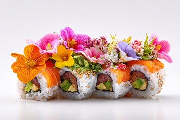 Delicious appetizing sushi, rolls. Exotic food. Image for designers, marketers and IT. Popular illustration, object. Sphere of trade, economy, sales.