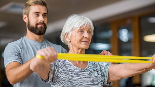 young v working with senior patient in rehabilitation center trainer assisting senior patient in exercising with resistance band in private clinic rehabilitation physiotherapy worker working no logos - Powered by Adobe