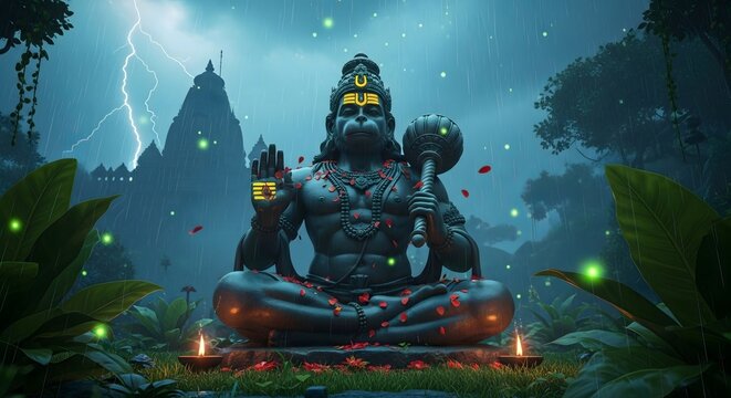 Hanuman meditating in nature with lightning spiritual hindu god religious deity art - Powered by Adobe