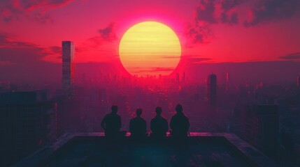 Friends watching digital sunset from synthwave skyscraper balcony