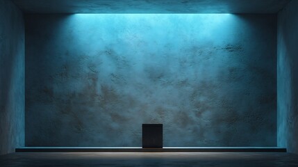 Contemporary studio interior illuminated with a vibrant blue light emphasizing texture and form