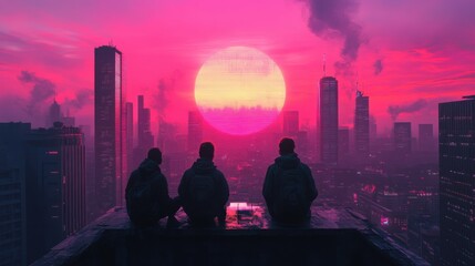 Friends watching digital sunset from synthwave skyscraper balcony