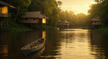 Obraz premium A cinematic landscape of the Amazon River at golden hour. Traditional stilt houses (palafitas) rise above the water with a small wooden canoe in the foreground.
