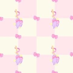 Seamless Kawaii Magic Girl Pattern with Wand, Bow and Hourglass &ndash; Pastel Aesthetic Background