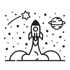 Black and White Rocket Illustration with Stars and Planet