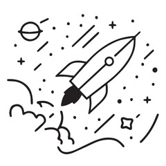 Black and White Rocket Illustration with Stars and Planet
