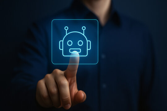 Futuristic Man Touching Holographic Robot Icon Interface for AI Automation, Technology Innovation, Virtual Interaction, Business Communication Concept