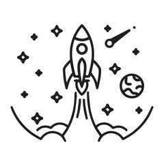 Black and White Rocket Illustration with Stars and Planet