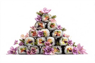 Delicious appetizing sushi, rolls. Exotic food. Image for designers, marketers and IT. Popular illustration, object. Sphere of trade, economy, sales.