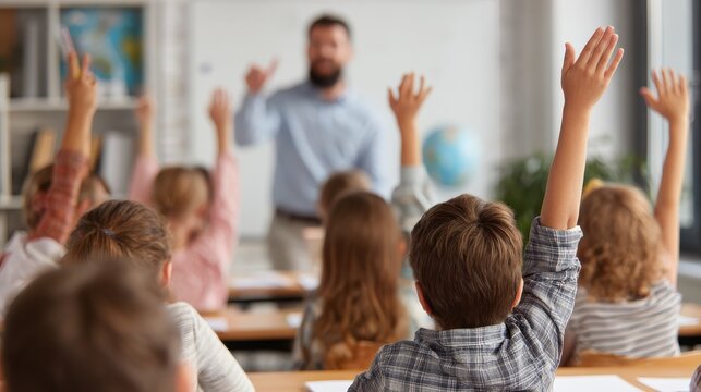 education elementary school learning and people concept group of school kids with teacher sitting in classroom and raising hands no logos no brands ar 169