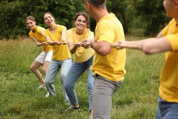 Fototapeta premium Team building. Group of happy people playing tug of war with rope outdoors